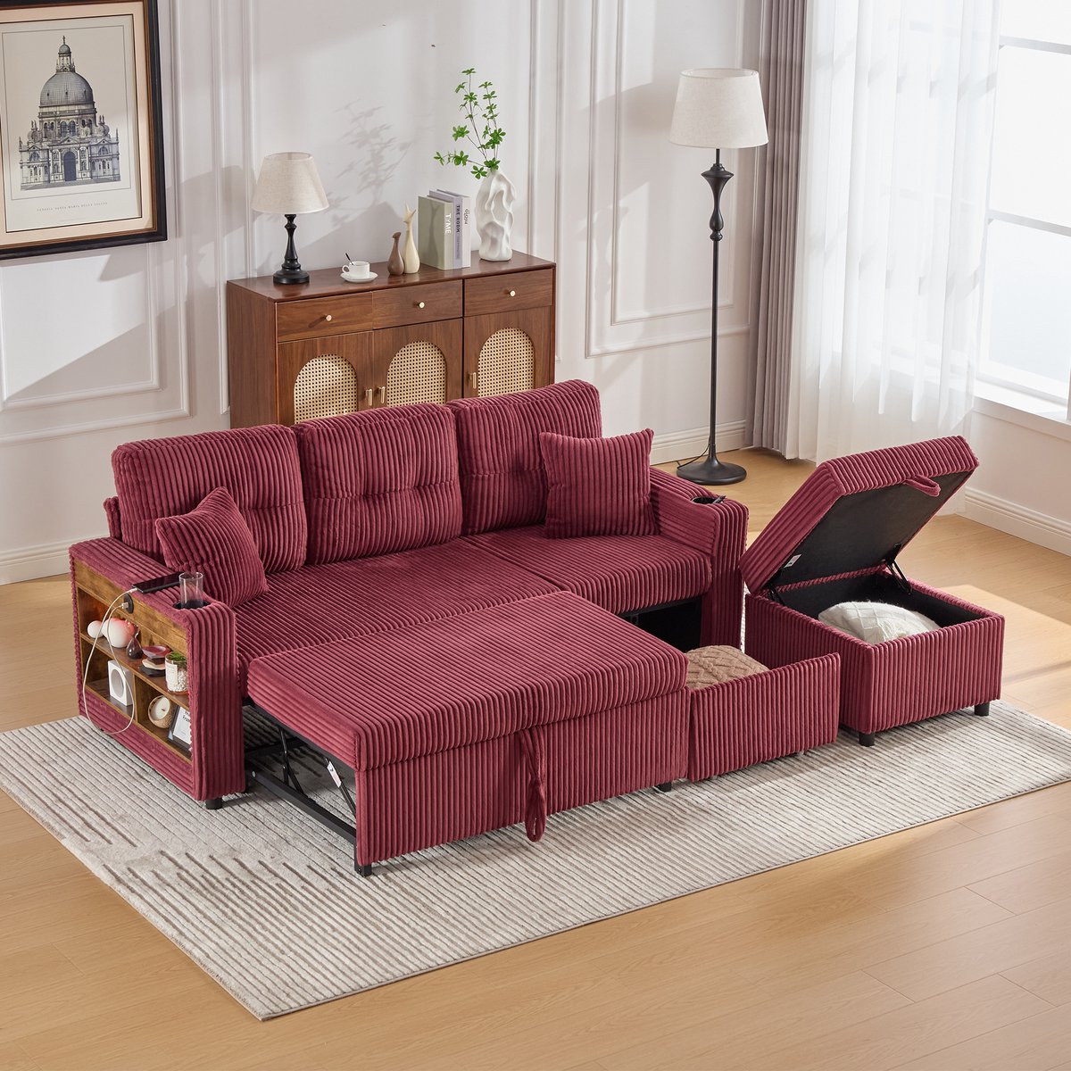 Zubaliya Multifunctionele Corduroy Bank met Opbergruimte en een Uitschuifbaar Bed, Slaapbank, Logeerbank, 3-Zits Bank, Inclusief USB-C-poort, Sfeerverlichting, Bekerhouders, Brede Armleuningen, Modern Design voor Woonkamer en Logeerkamer-Rood