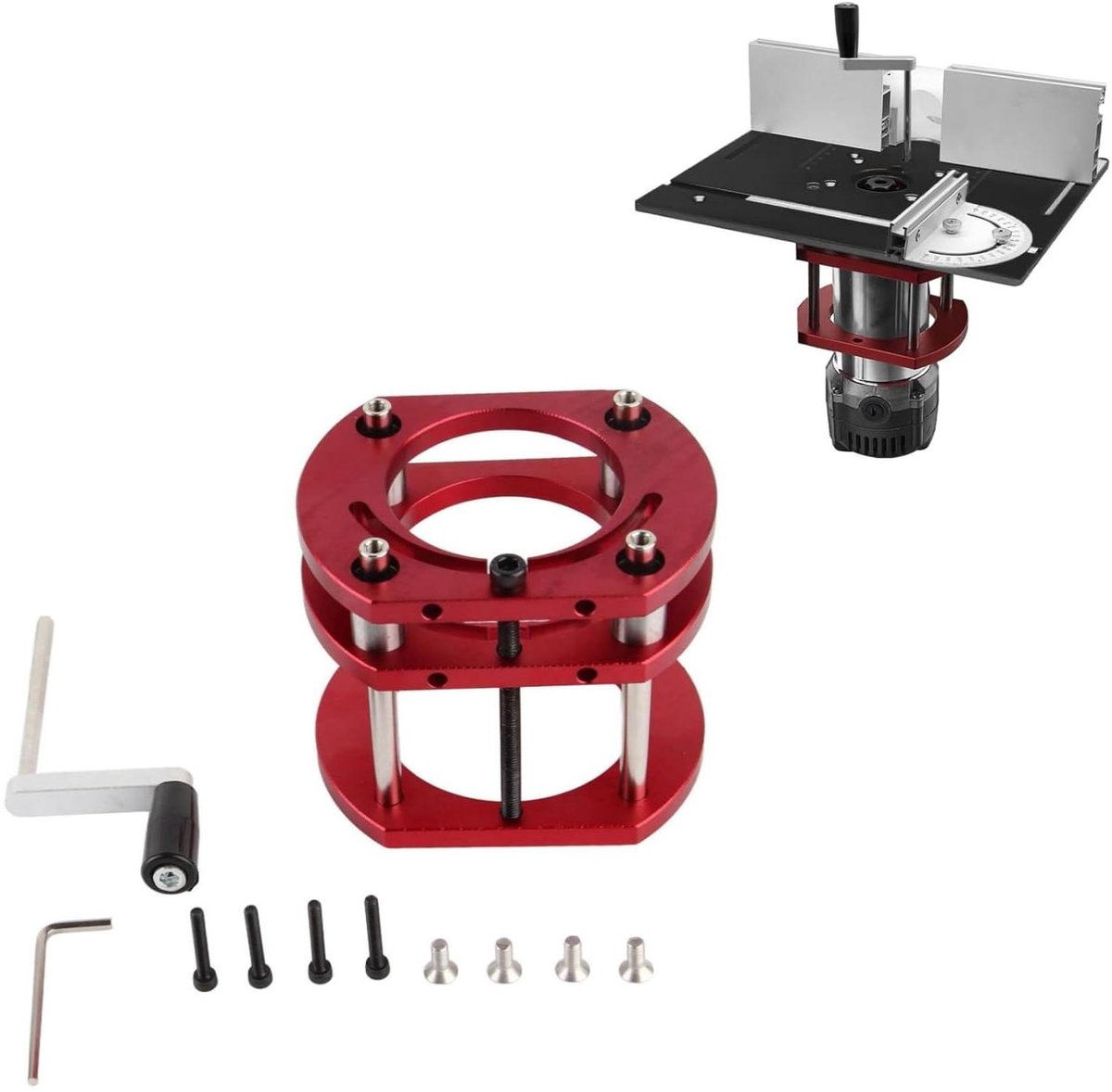 Routerlift Hefsysteem - Houtbewerking Hefbasis - Precisie Houtbewerking - 4-Kaak Klemming - 64-66 mm Diameter - Rood