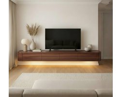 Japandi TV Meubel Walnoot – Zwevend TV Meubel 180cm – Wandgemonteerd TV Kast met Deuren en Lade – Floating TV Cabinet – Curved Design – Modern Scandinavisch TV Meubel met LED Verlichting
