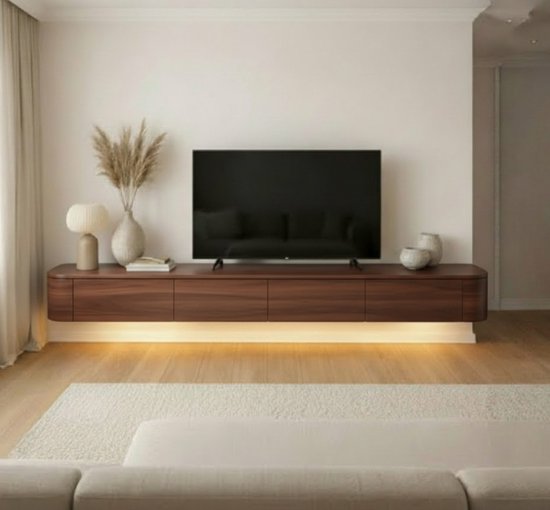 Meuble TV Japandi Noyer – Meuble TV Flottant 180 cm – Meuble TV Mural avec Portes et Tiroir – Floating TV Cabinet – Design Courbe – Meuble TV Scandinave Moderne avec Éclairage LED