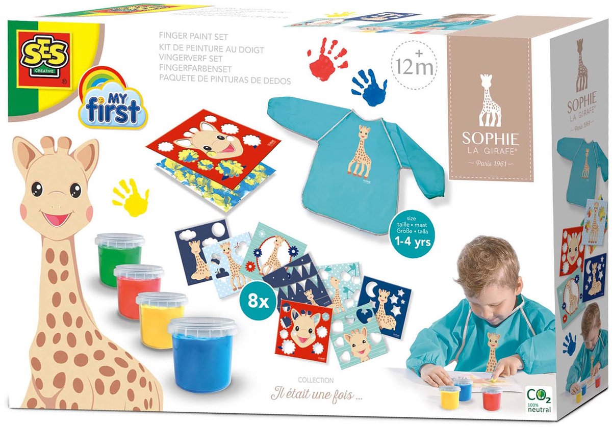 SES Creative - Sophie la Girafe - Vingerverf Set met Kliederschort - 4 kleuren vingerverf - inclusief verfschort, papier en overlegvellen - glutenvrij - makkelijk uitwasbaar - vingerverf vanaf 1 jaar — afbeelding 4