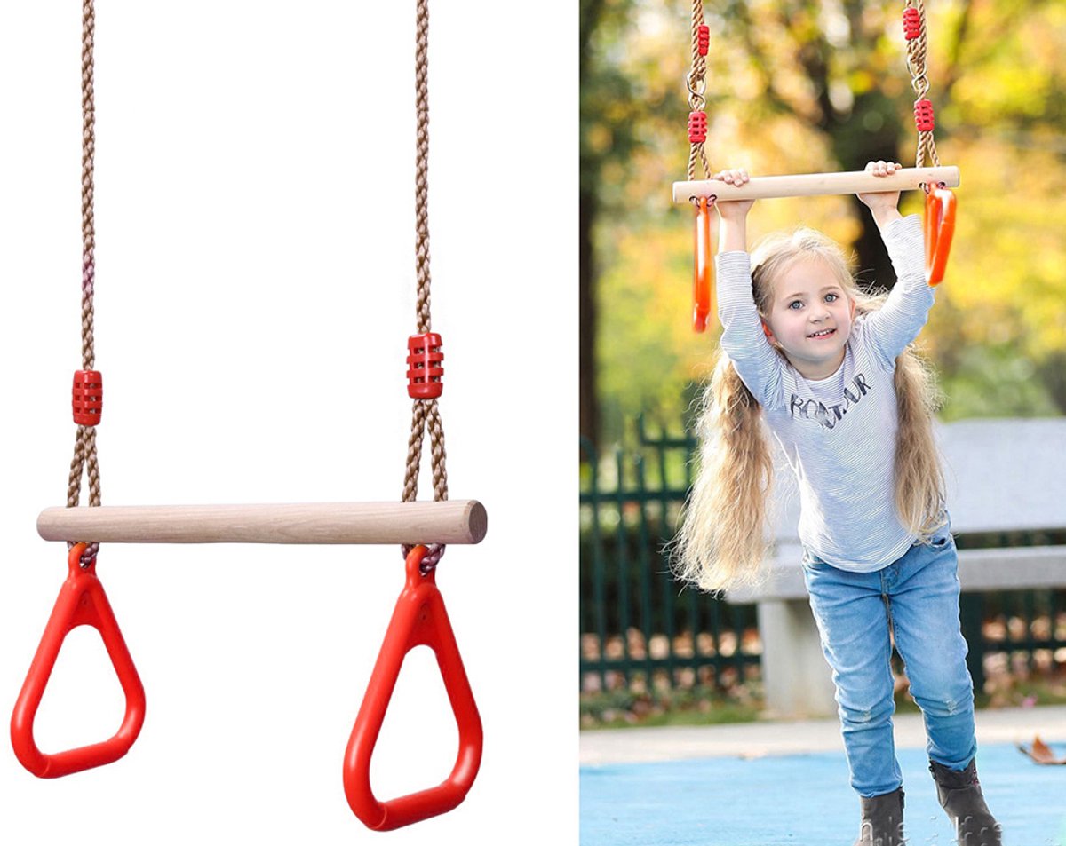 Houten Trapeze Schommel met Ringen – Kinder Gymnastiek Schommel voor Tuin & Binnen – Verstelbaar – Tot 100kg – houten schommel ringen – gymnastiek ringen kinderen – actief speelgoed kinderen – schommel – trapeze – ringen schommel – 32443 — afbeelding 9