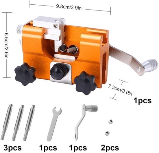 Oranje kettingslijper met afmetingen (9.8x6.5x7.5cm) en accessoires: 3 slijpkoppen, 1 steeksleutel, 1 geleider, 2 moeren.