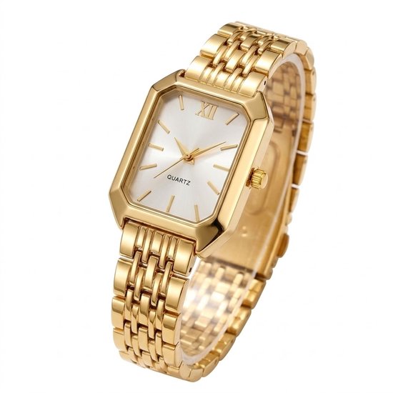 Gouden rechthoekig analoog horloge met witte wijzerplaat, Romeinse cijfers en schakelband.