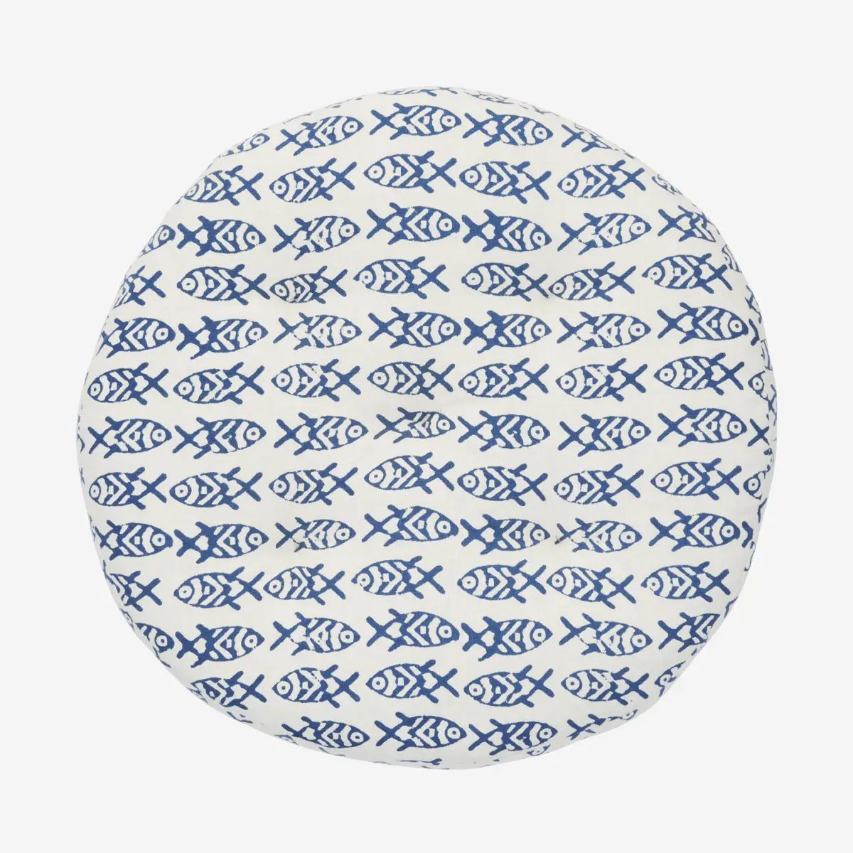 Madam Stoltz - Rond Stoelkussen 45 cm - 100% Katoen - Wit met Blauwe Vissen
