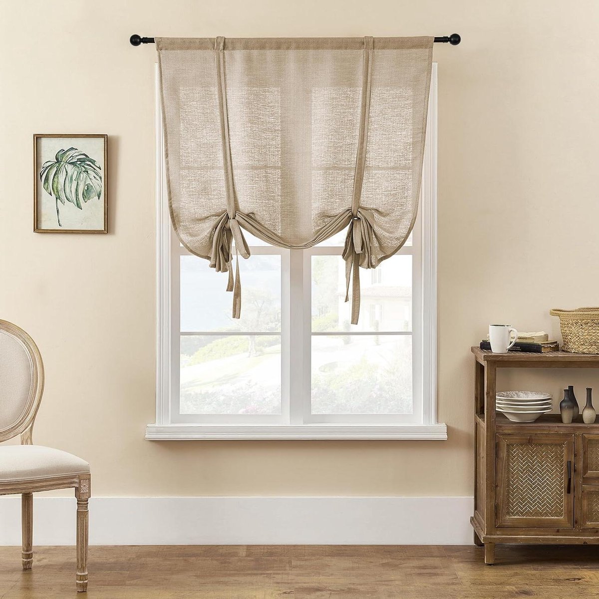 SIMPVALE 1 Piece Roman Blinds Tulle Tie Down Sheer Curtains with Rod Pocket Linen Weave Sheer Voile Curtain for Living Room Bedroom Balcony