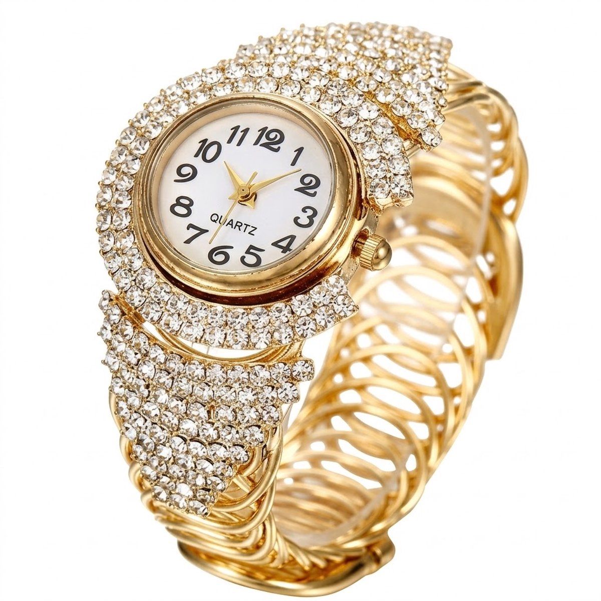 Goudkleurig analoog horloge dames - rond uurwerk met glanzende kristal accenten - elastische polsband met diamantlook details - quartz horloge