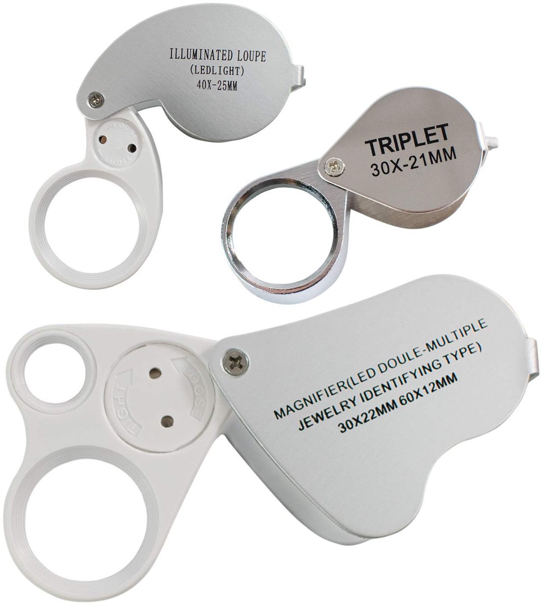 TRIXES 3-delige Set Vergrootglazen met LED Licht - 30x, 40x, 30x/60x Magnifiers voor Juweliers