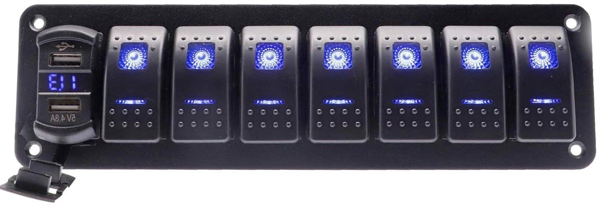 Rocker Schakelaar Paneel - Marine Schakelaar - Watersport Controle - Dubbele USB Lader - 12V 24V - Zwart Blauw LED
