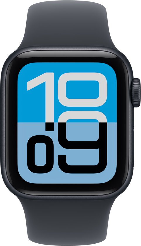Donkergrijze Apple Watch SE met blauw-wit klokgezicht.
