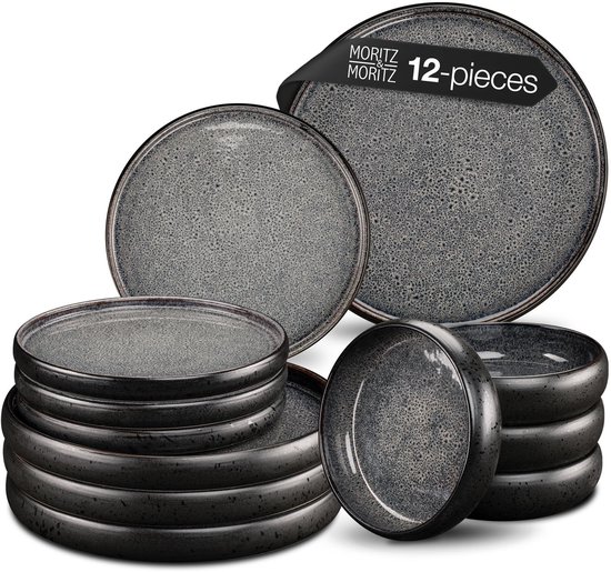 Moritz & Moritz SOLID Service de table 12 pièces pour 4 personnes – Vaisselle en grès – Anthracite