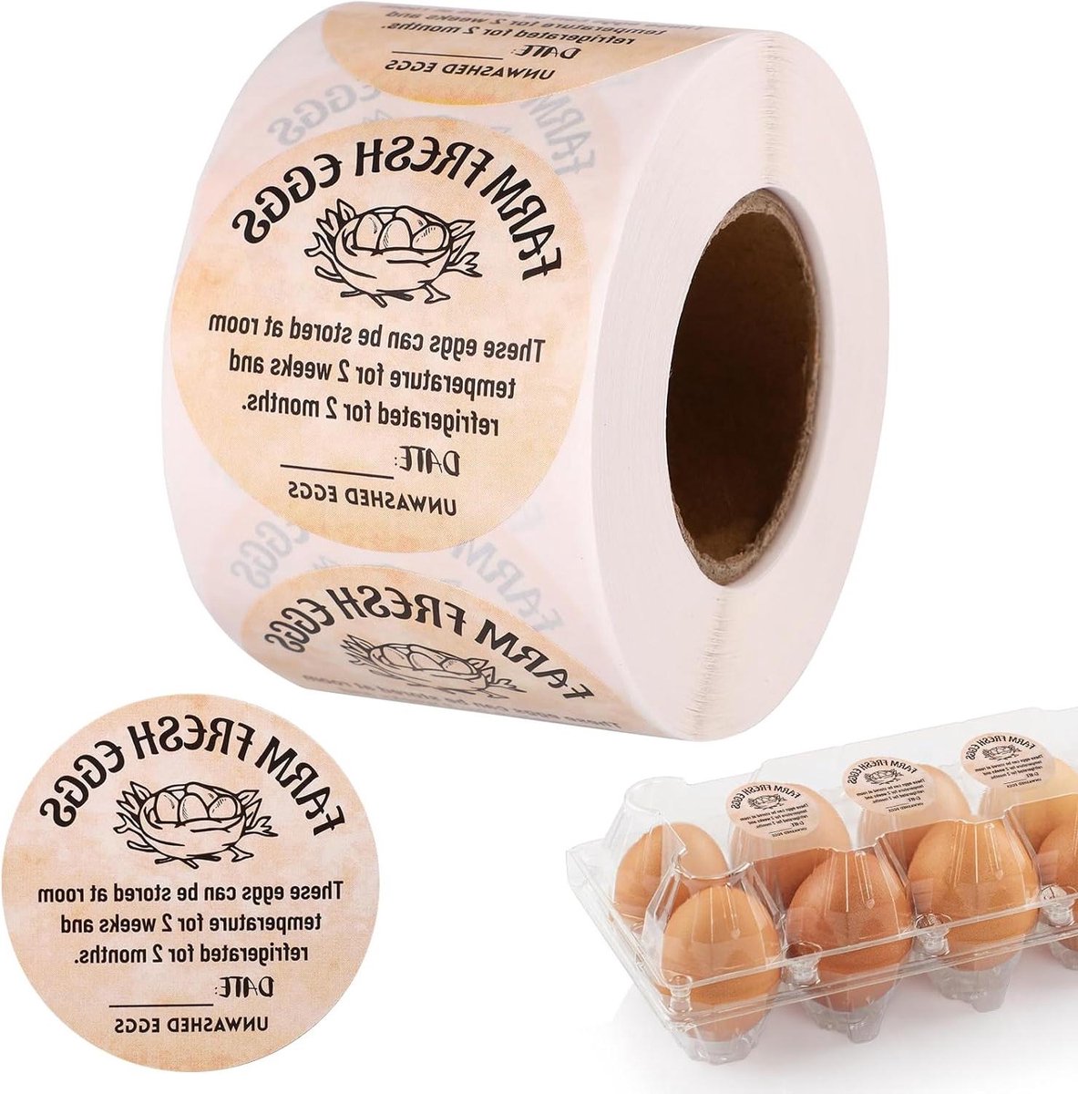 500 Stuks Datumstickers voor Scharreleieren, 5cm Ronde Zelfklevende Etiketten Ongewassen Eierdozen Verpakkingsetiketten voor Kleine Bedrijven en Boerenmarkten
