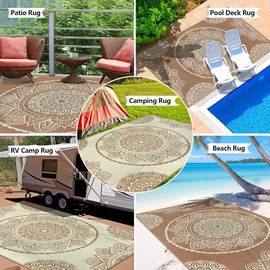 Famibay Outdoor tapijt, weerbestendig, 180 x 270 cm, omkeerbaar, campingtapijt, outdoor, waterdicht, beige, bruin, kunststof, omkeerbaar, licht, buitentapijt voor terras, tuin, balkon, camping, binnen — afbeelding 2