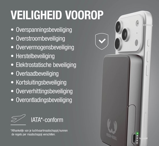 Grijze powerbank op de achterkant van een smartphone. Tekst: 'Veiligheid voorop'.