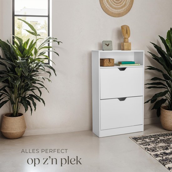 Vida Designs Schoenenkast met 2 laden, opbergkast voor schoenen, halkast van hout, walnoot en wit