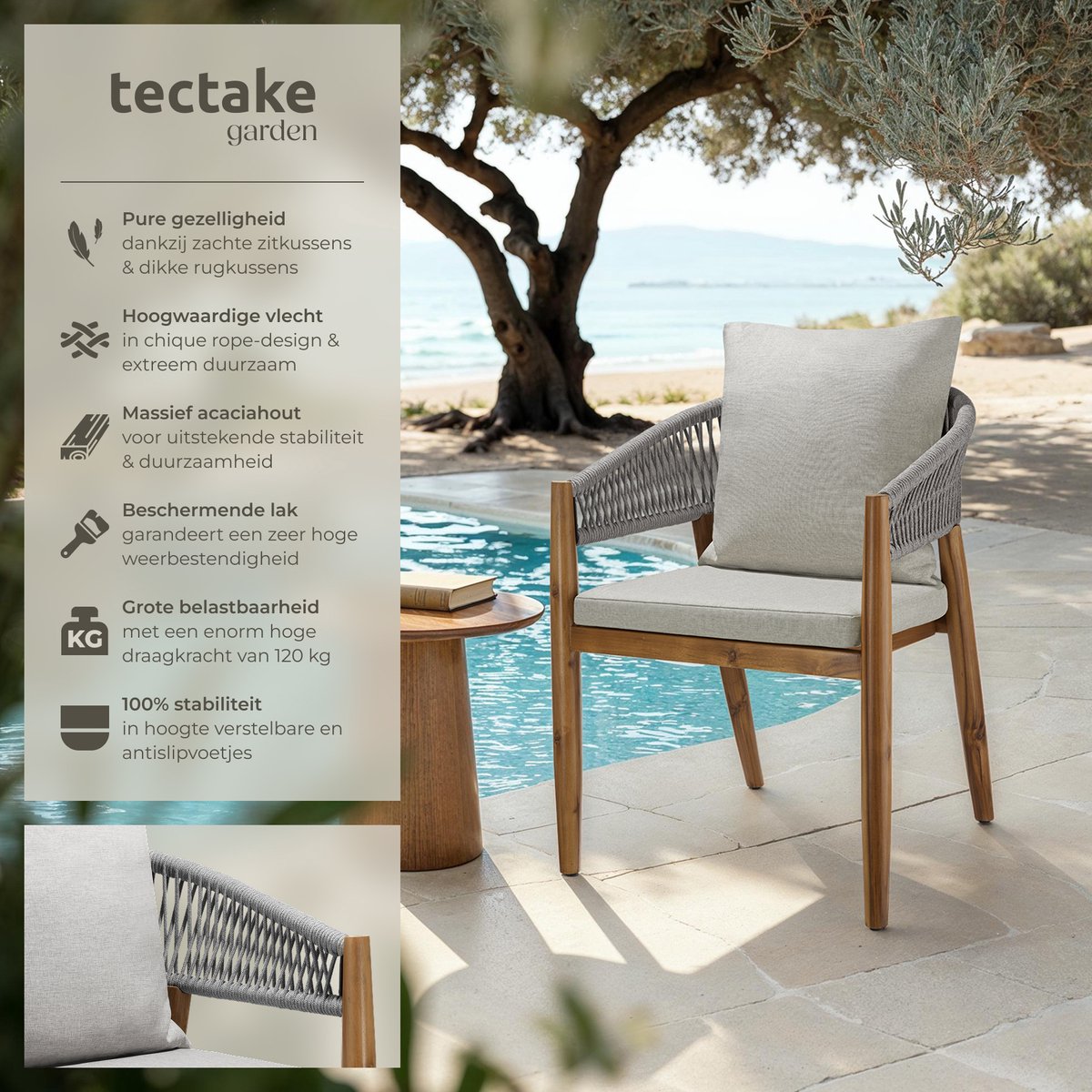 tectake® Set van 6 Tuinstoelen Manacor - Tuinstoel in Rope-Design - Balkonset - Weerbestendige Buitenstoel van Gelakt Acaciahout - Grijs/Beige - Stoelen voor Tuin, Balkon, Terras – foto 2
