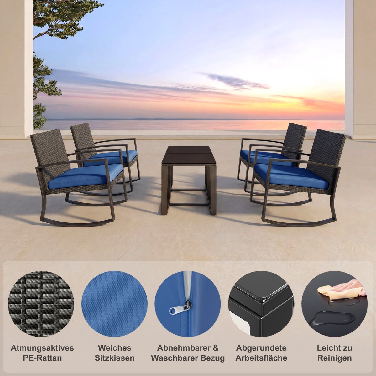 Bealife WR210 Garden Tuinset - 3 Delige Stoel Loungesets - Rieten Patio Set 2 Persoons met Salontafel - Bistroset van Rotan Patio Stoelen voor Balkon, Veranda, Tuin, Zwembadzijde -68x58x73cm -Blauw – foto 8