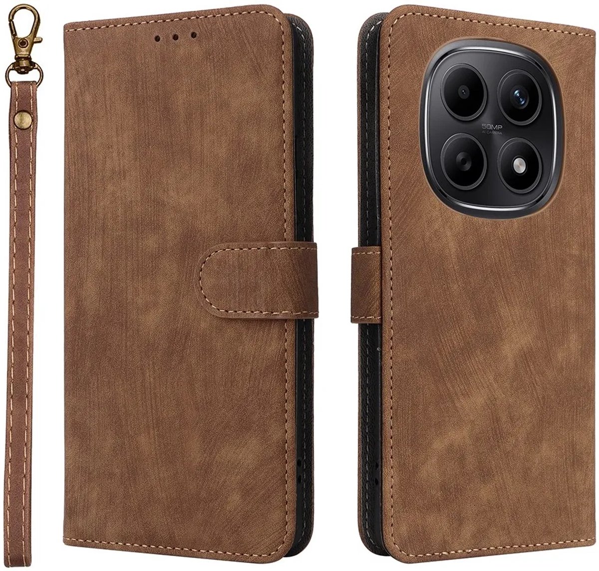 Hoesje geschikt voor Xiaomi Redmi Note 15 4G/5G / Xiaomi Poco M8 - Phonesta Vintage Skin Book Wallet Case met afneembaar koord - Bruin