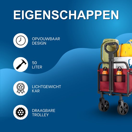 Tuinwagen - Bolderkar - Trolley - Handkar - Voor Camping, Strand & Boodschappen - Lichtgewicht - Rood van Merkloos — afbeelding 2
