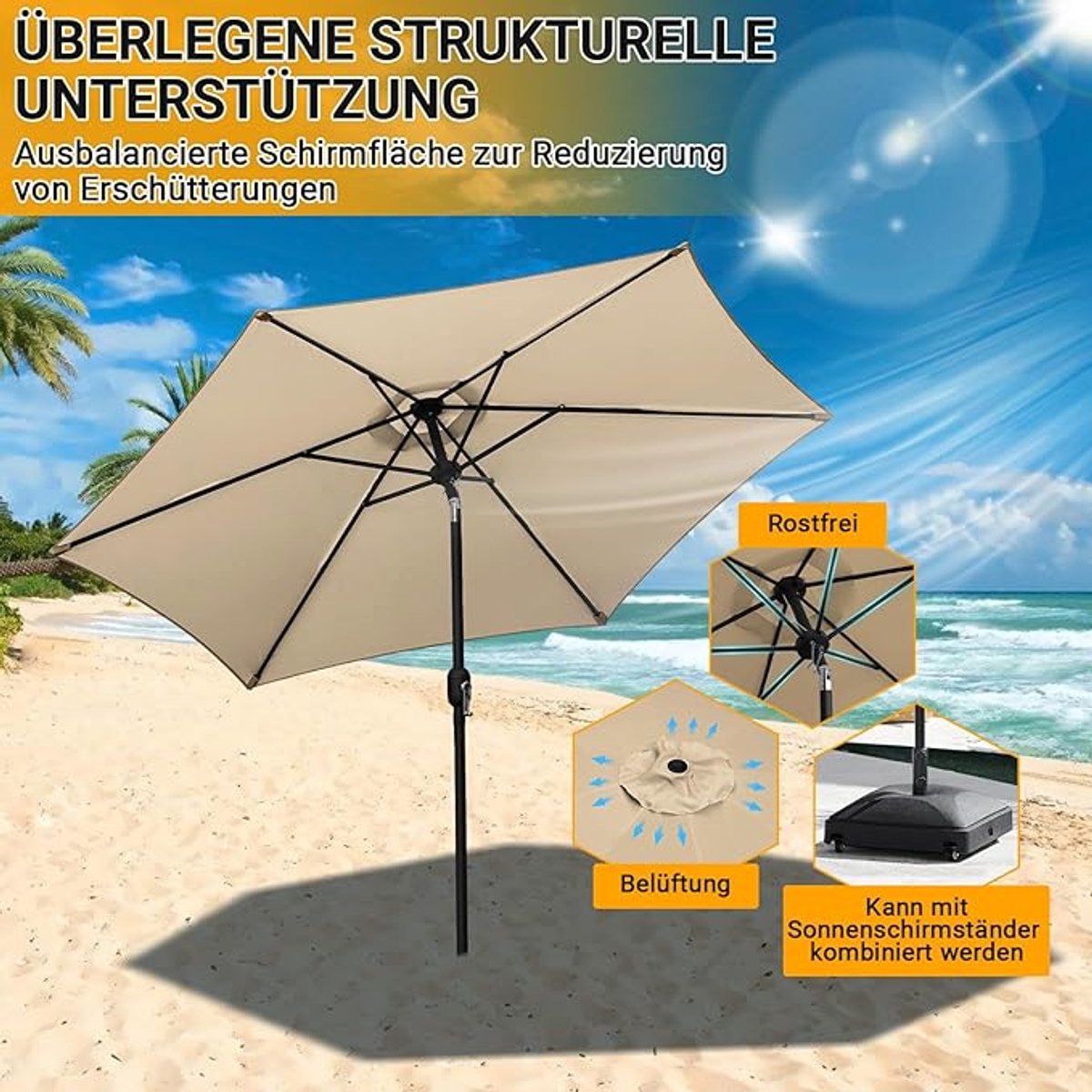 Rechthoekige Parasol 140x210 cm – Bellavero Kantelbare Tuinparasol 30° Verstelbaar met UV-Bescherming & Ventilatie – Polyester Doek 180g/m², Stalen Frame, Zonder Voet – Balkon, Terras & Strand – Be...