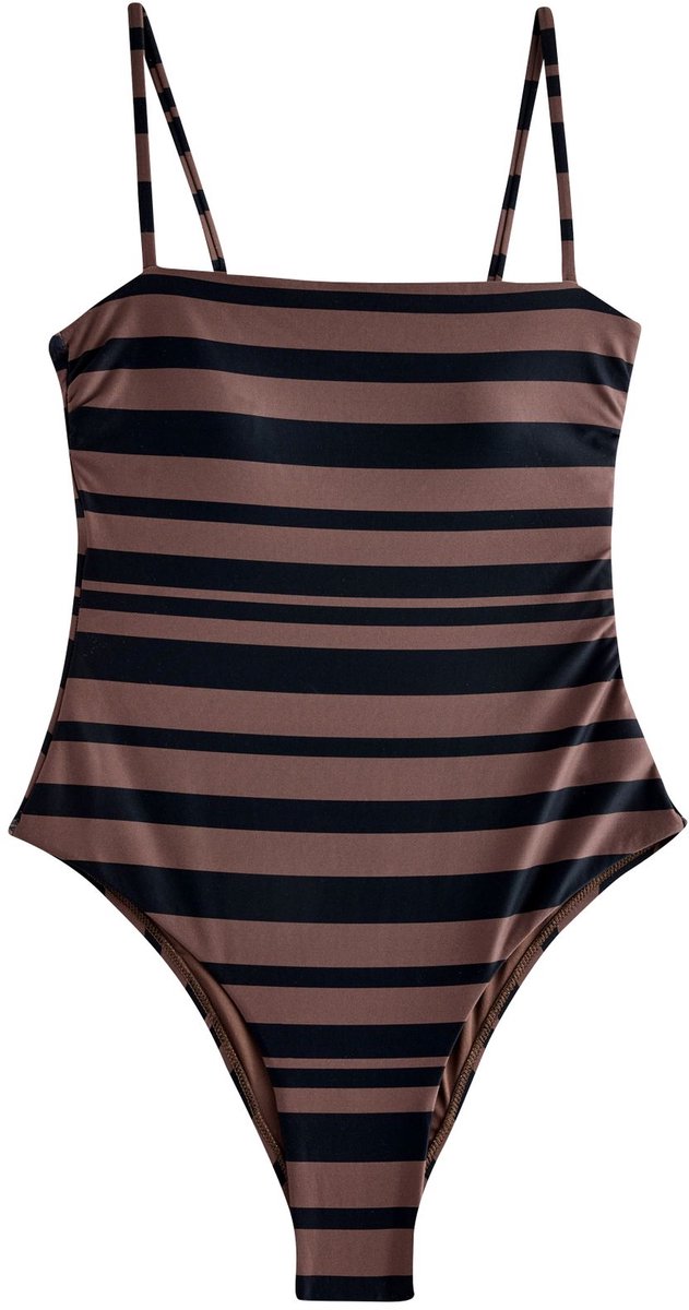 Next Dames - Gestreept badpak met rechthoekige halslijn - Bruin Black/Brown