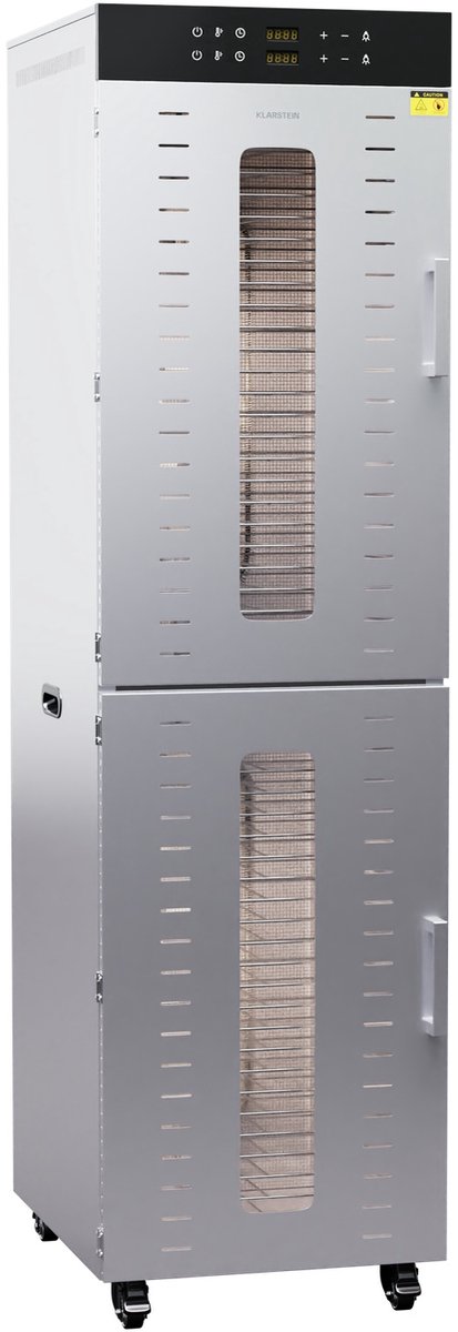 Klarstein roestvrijstalen voedseldroger – 4000 W, 48 roestvrijstalen trays, 30–90 °C, 24-uurs timer, 6 ventilatoren, 2 droogkamers, 50–55 dB, ideaal voor fruit, groenten, vlees, kruiden en zilver.