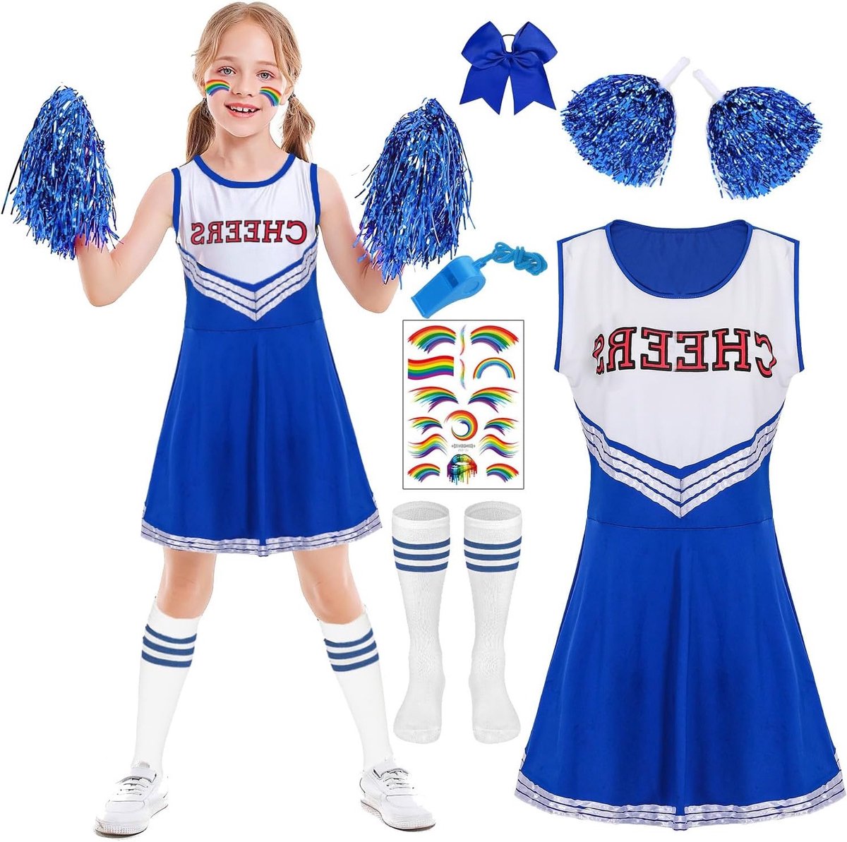 Kinderen Cheerleader Kostuum, Meisjes Cheerleading Outfit met Pompoms, Sokken, Fluit en Hoofddeksel voor Carnaval en Feestjes