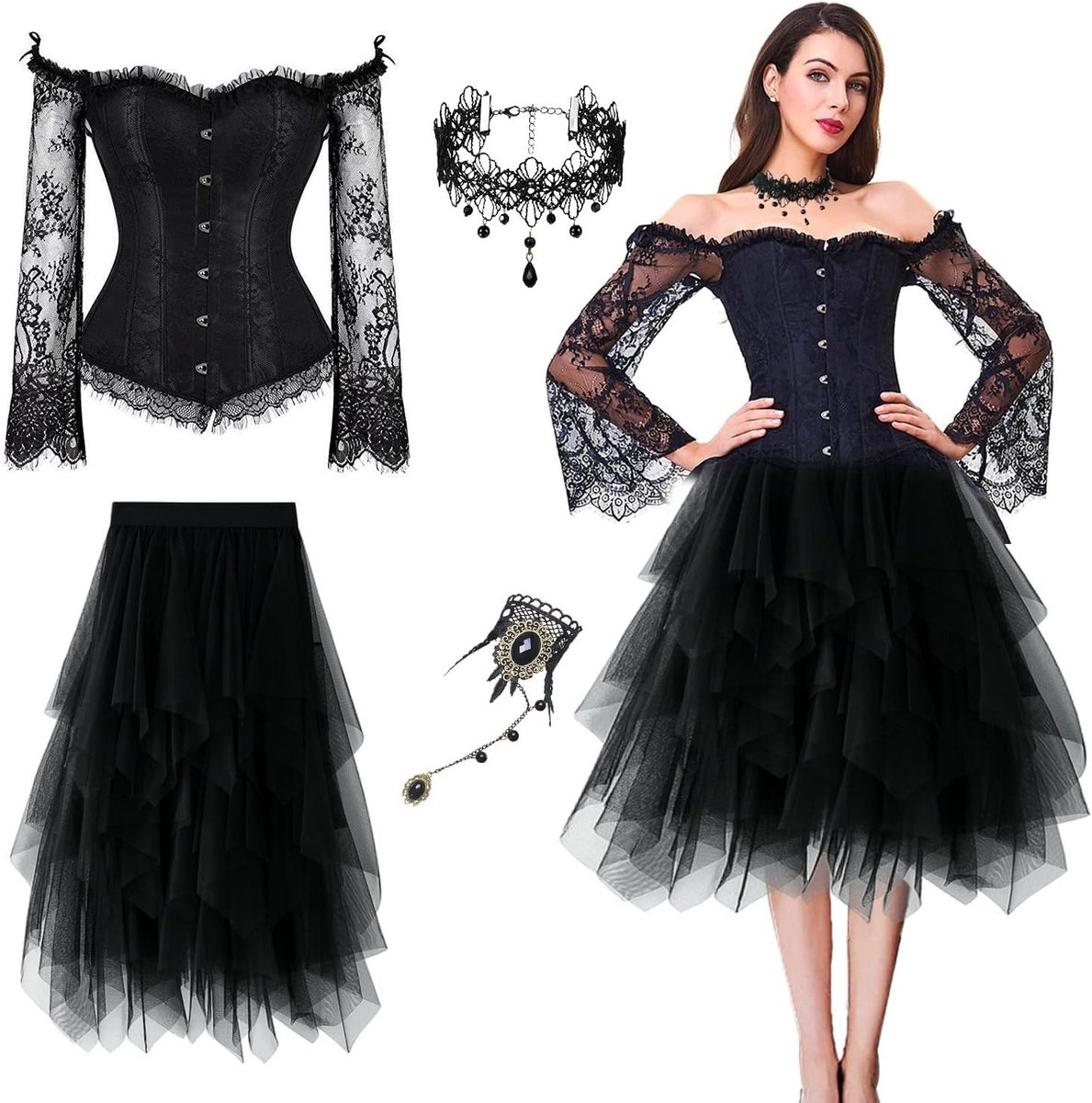 Vrouwen Gothic Vintage Korset Top Piraten Kostuum met Schoudermouwen en Tule Rok voor Carnaval en Cosplay, Inclusief Gothic Sieraden en Corset Accessoires