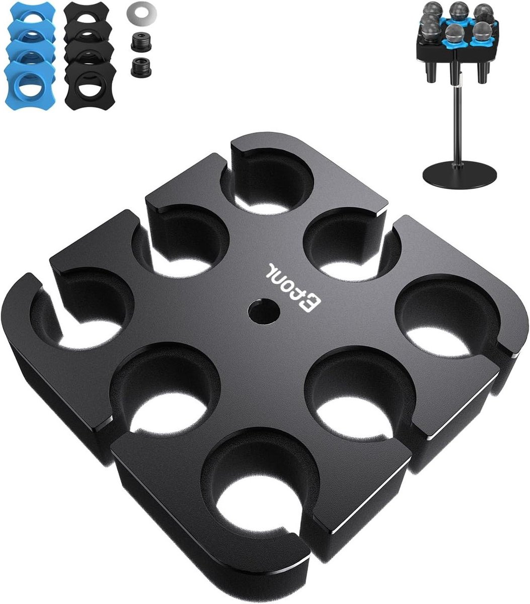 Multi-microfoonhouder voor microfoonstandaard, organizer voor dynamische en draadloze microfoons, met rubberen bekleding en vierkant dienblad voor optimale opslag en gebruiksgemak