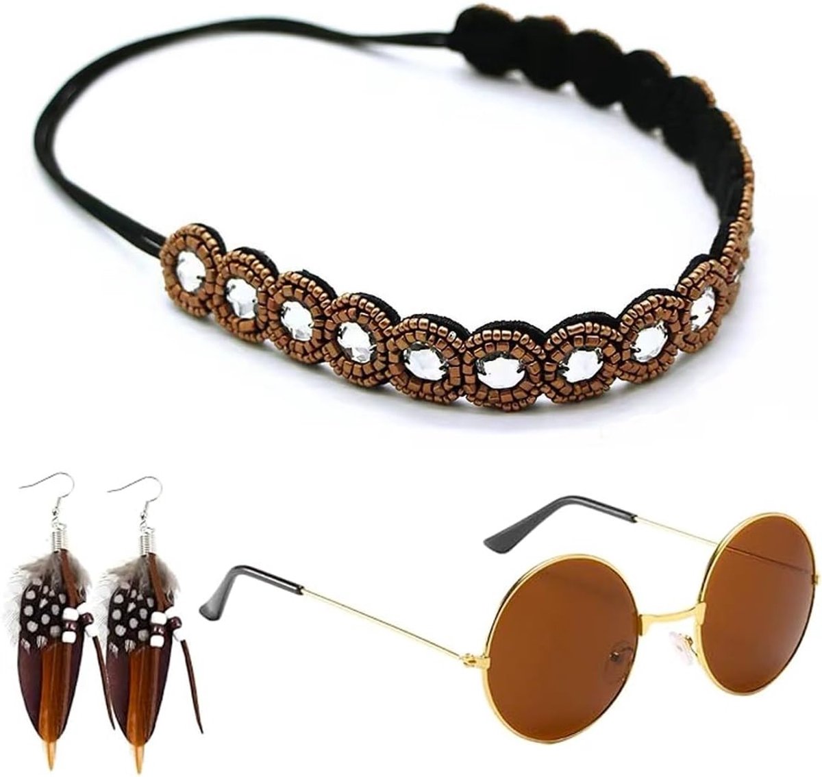 Set van 3 Retro Hippie Kostuums voor Dames met Accessoires voor Carnaval, Halloween en Cosplay