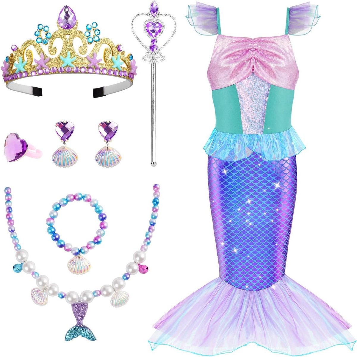 Meisjes Zeemeermin Kostuum Set met Jurk, Tiara, Scepter, Ketting, Armband, Oorbellen en Ring voor Carnaval, Halloween en Feestdagen
