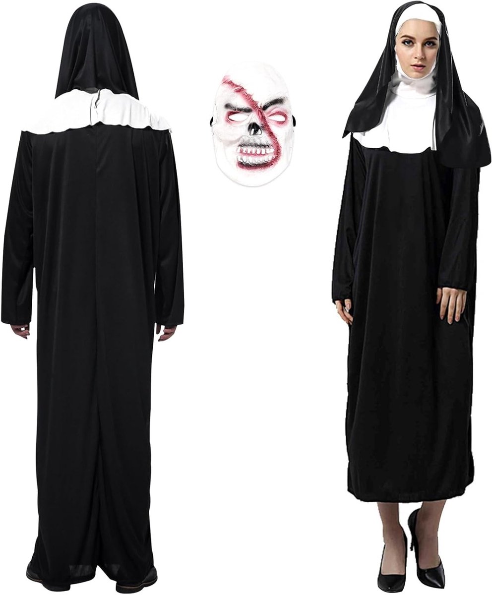 Engelachtige Nonne Kostuum voor Halloween - Griezelige Non Outfit met Horror Masker voor Volwassenen, Perfect voor Cosplay en Feestjes