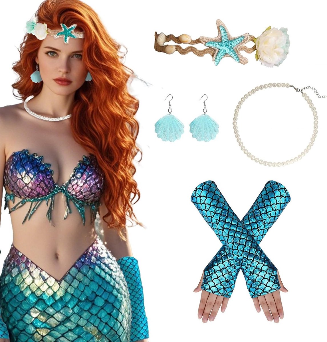Mermaid Kostuum Accessoires voor Vrouwen - Sterrenzeester Haarband, Schelpen Handschoenen en Parelketting voor Carnaval en Cosplay