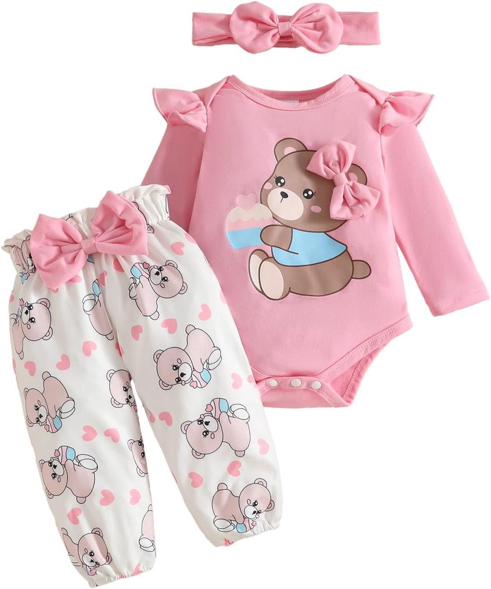 Baby Kleding Set voor Meisjes met Lange Mouwen, Rimpel Top en Elastische Taillebroek voor Herfst en Winter, Geschikt voor Pasgeborenen van 0-18 Maanden