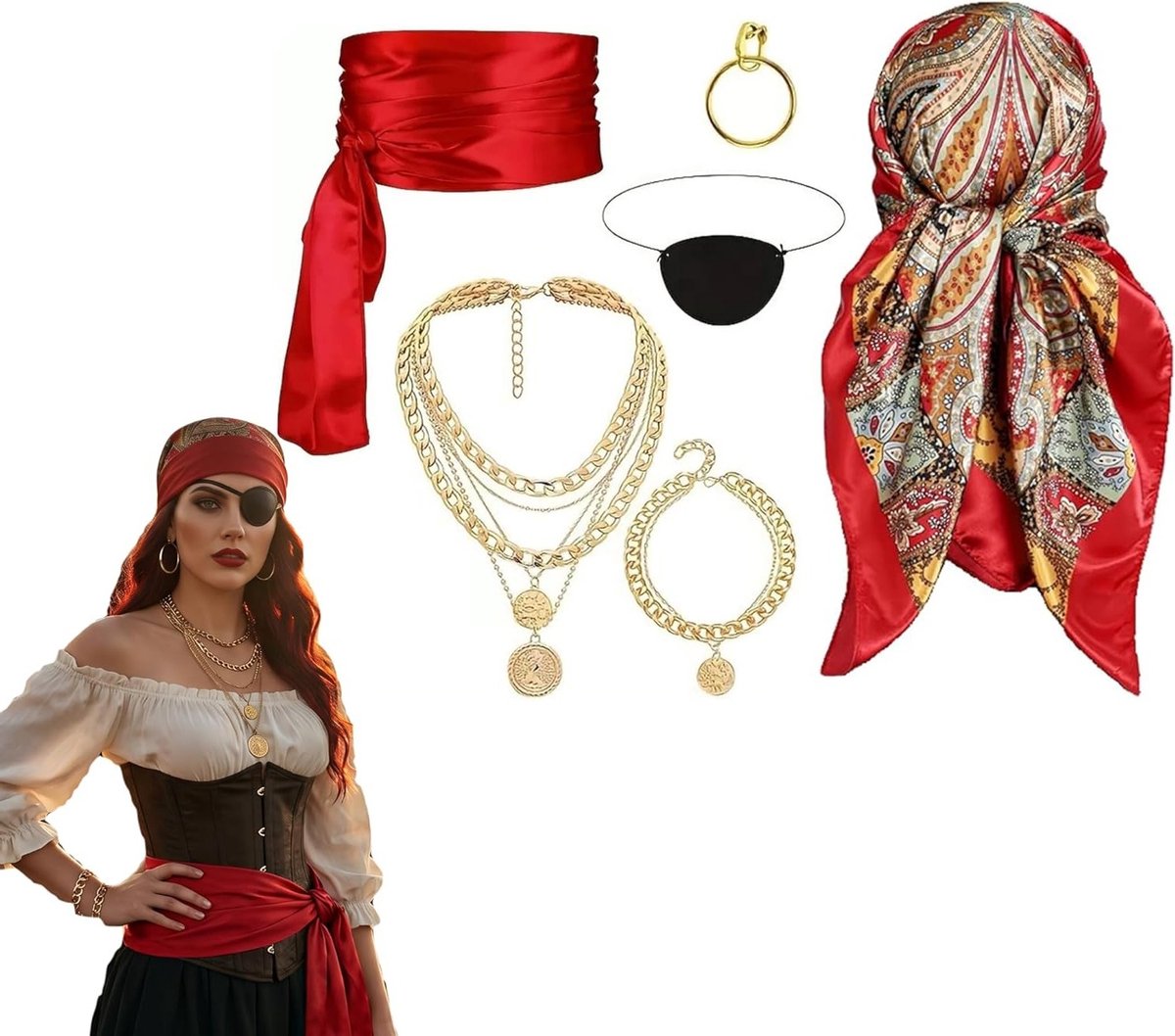 Piratenkostuum voor dames met vintage kapitein-accessoires, ideaal voor carnaval, Halloween en cosplay feestjes met riem, oogklep, oorbellen en halsketting