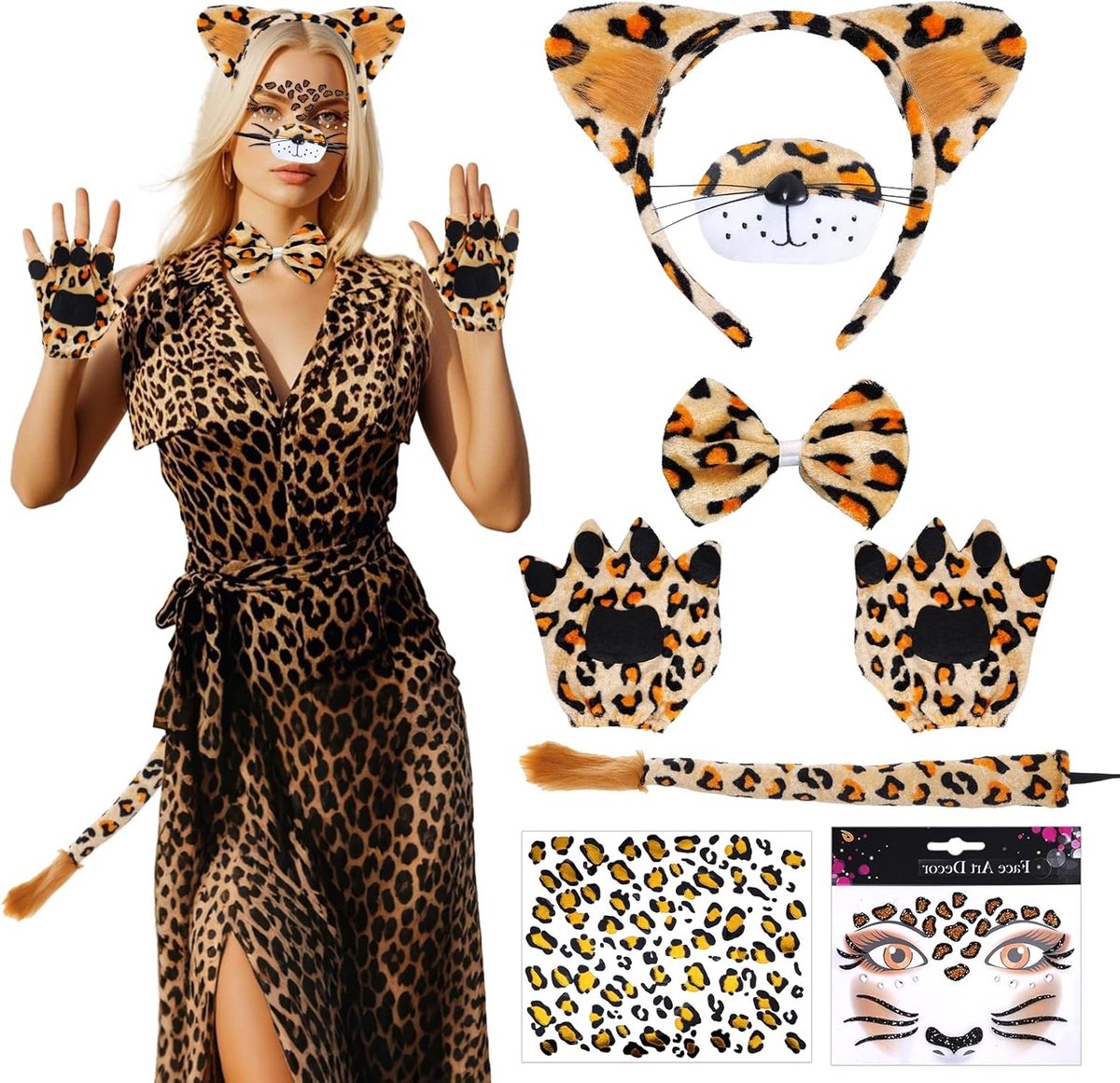 Leopard Kostuum Set met Gezichtsstickers, Handschoenen, Strik en Oren voor Carnaval en Halloween Accessoires