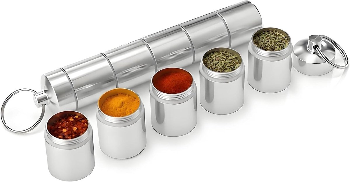 5-in-1 Mini Specerijen Set voor Kamperen - Waterdichte en Lichte Aluminium Potjes, Ideaal voor Buiten, BBQ, Picknick en Koken