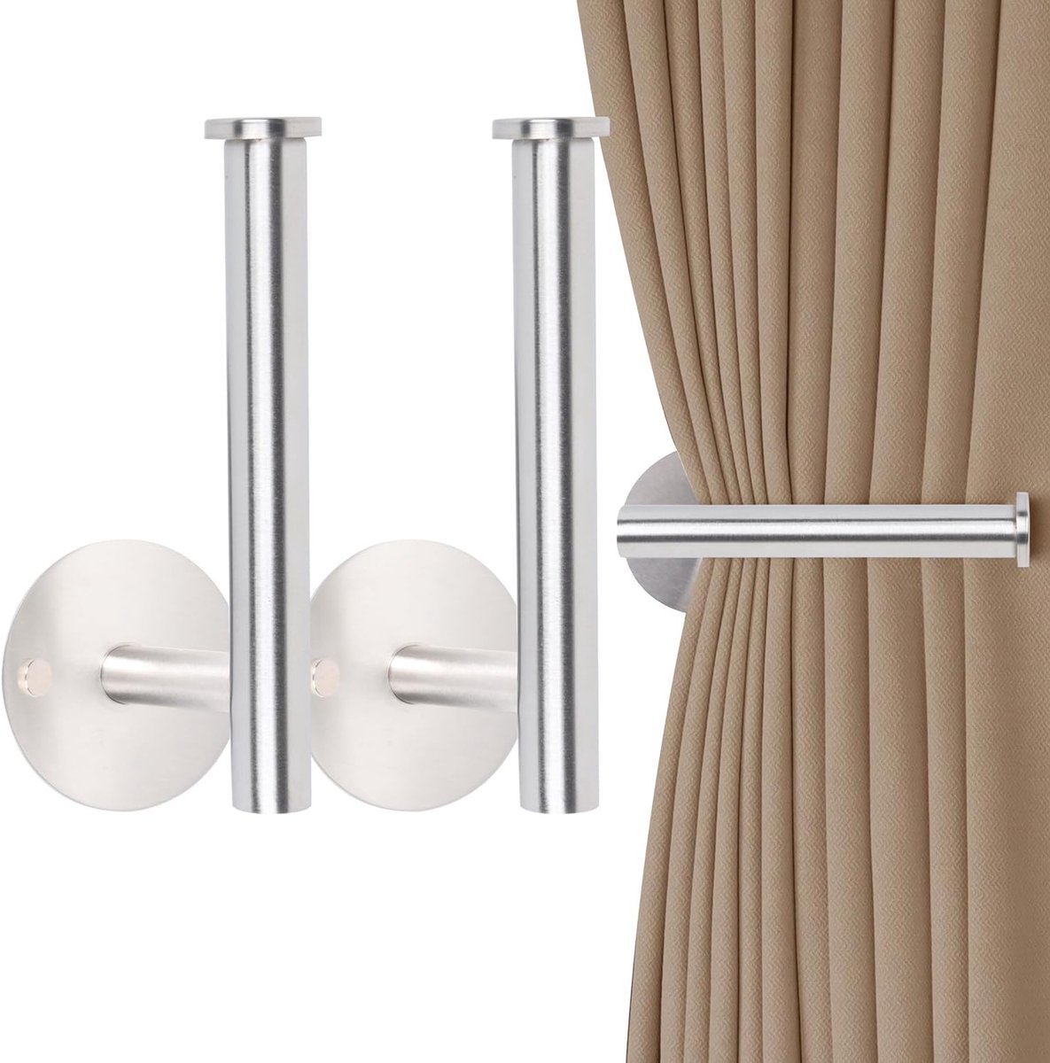 SnelShoppen - Curtain Holder No Drilling, Zelfklevende Gordijnhouder, Metaal, Gordijnhaak, Waterproof, 2 Stuks, Zilver, Voor Binnen en Buitengebruik