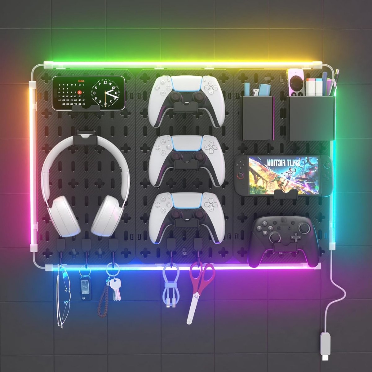 Plugboard Combinatieset voor Gaming met Telefoonhouder, Pennenhouder, Hoofdtelefoon- en Controllerhouder, Haakjes en Verwijderbare Perforatiedeken voor Werkplaats en Kantoor