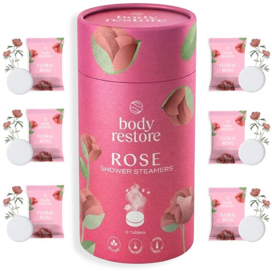 Emballage cylindrique rose avec imprimé floral. Contient 6 Shower Steamers, 'Rose' par Body Restore.
