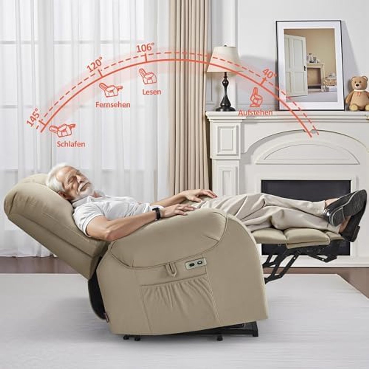 MCombo Elektrische Relaxfauteuil met Sta-op Hulp - Massage & Verwarming - 145° Ligfunctie - Verborgen Bekerhouders - Beigebruin Microvezel – foto 3