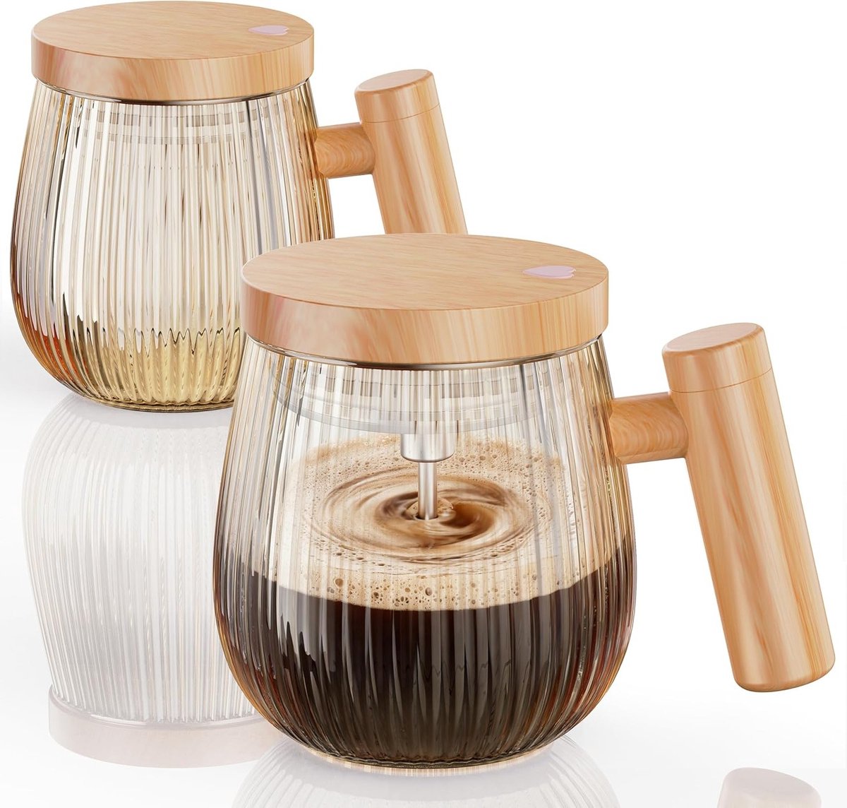 Zelfroerende Mok Set van 2, 400ml Mengbeker voor Koffie, Melk en Eiwitpoeder, Hittebestendig Glas met Deksel