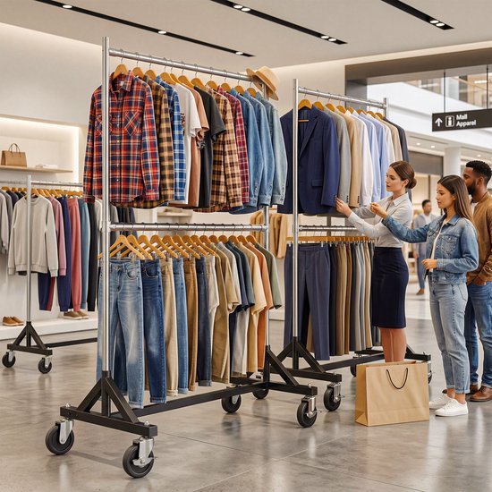 Twee zilverkleurige kledingrekken op wielen in een winkel. Een winkelmedewerker helpt klanten bij het uitkiezen van kleding.