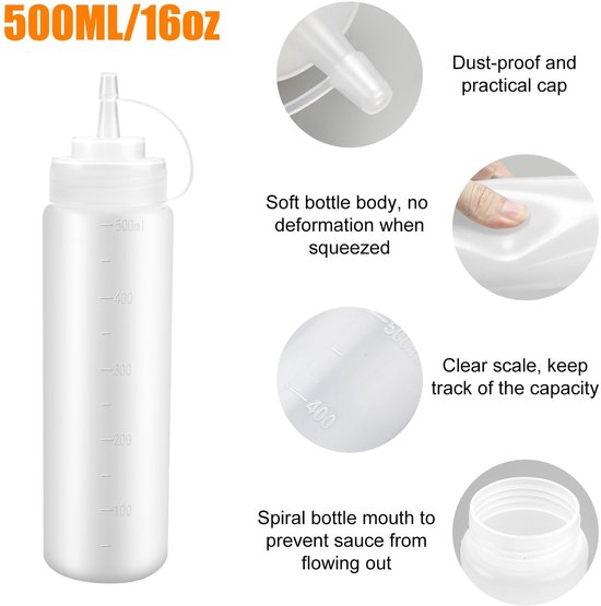 Dailygoody - Plastic Knijpfles - Sausfles Dispenser - Lekvrij en BPA-vrij - 500ml - Transparante Flessen - Voor Sauzen en Specerijen - Set van 3 — afbeelding 3