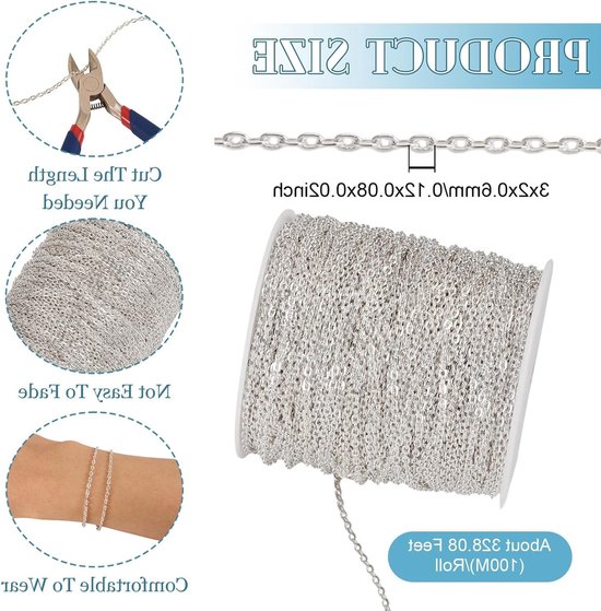 328 Feet Zilveren Platte Ovalen Link Kabel Ketting met Spool voor Sieraden Maken, 3x2x0.6mm, Ideaal voor DIY Projecten en Creatieve Accessoires van Merkloos — afbeelding 5