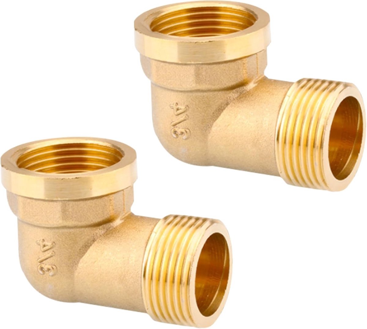 Set van 2 messing hoekstukken 90°, 3/4 inch IG/AG, geschikt voor waterleidingen en tuinslangen, duurzame en betrouwbare verbindingen met vrouwelijke en mannelijke schroefdraad
