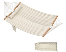 Hangmat XXL voor 2 Personen - met Houten Spreidstok, Hoofdsteun, Opbergtas - Hammock - Dubbellaags - tot 200kg - zonder Stok - voor Buiten, Tuin, Balkon - 200 x 140 cm - Crèmewit + Natuurlijk Hout