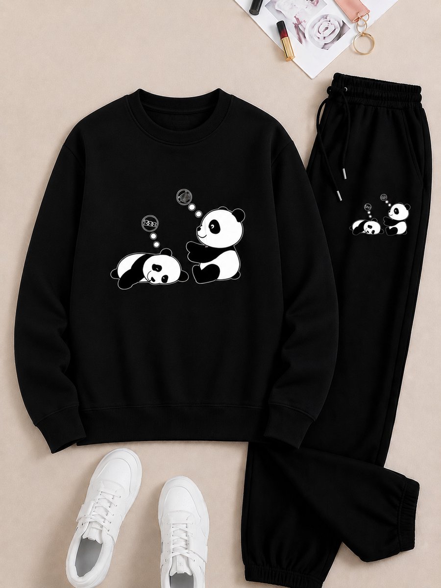 Sweater Dames en Joggingbroek Set - Trendy Panda Print - Comfortabele Casual Kleding - XXL