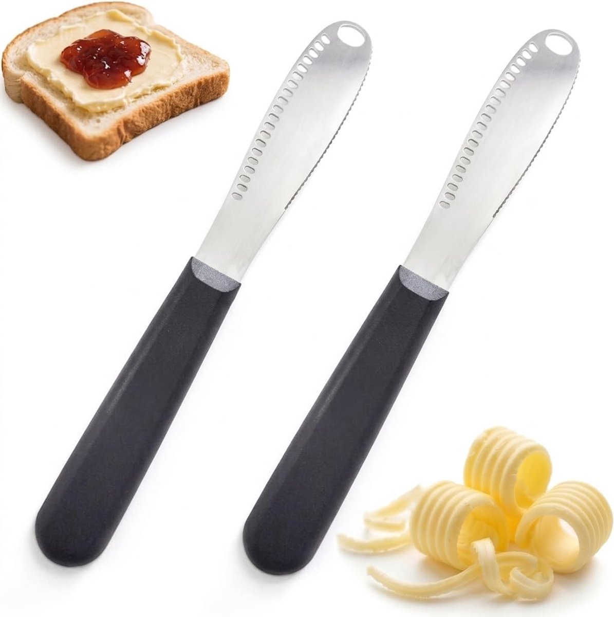 2 stuks 3-in-1 botermes - roestvrijstalen smeermes - gekarteld broodmes - keukenrasp voor kaas en jam