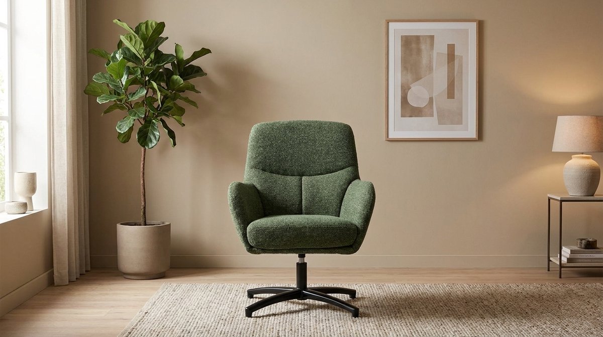 Fauteuil draaibaar - House&Garden Cozy Lounge Luxe Bouclé Relaxfauteuil met 360° Draaifunctie en Armleuningen - Forest Royal Bouclé - Zwart Metalen Onderstel - 68x73x90 cm